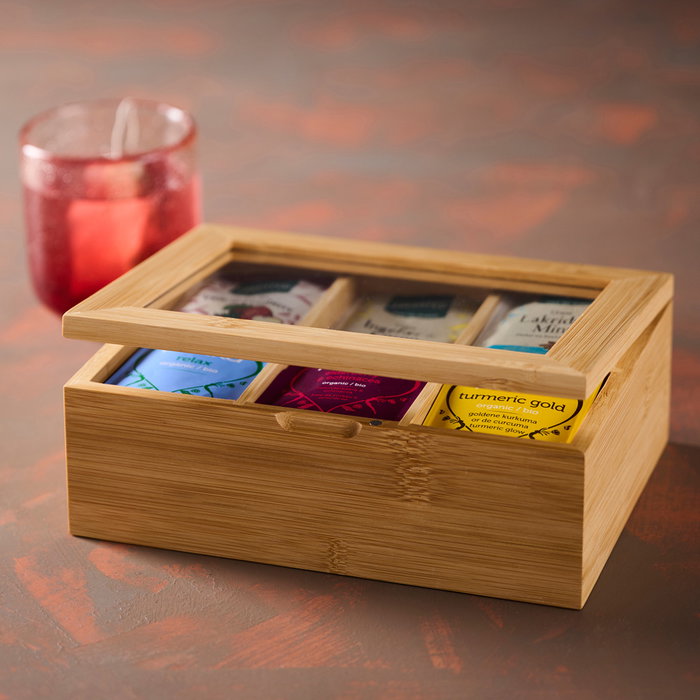 Day Caja para Bolsitas de Té con 6 Compartimentos Separadores de Bambú y Tapa de Vidrio - 21x16x7.5 cm