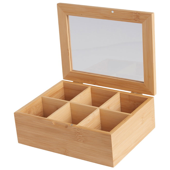 Day Caja para Bolsitas de Té con 6 Compartimentos Separadores de Bambú y Tapa de Vidrio - 21x16x7.5 cm