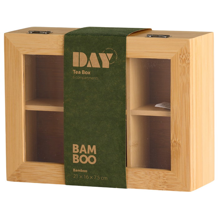 Day Caja para Bolsitas de Té con 6 Compartimentos Separadores de Bambú y Tapa de Vidrio - 21x16x7.5 cm