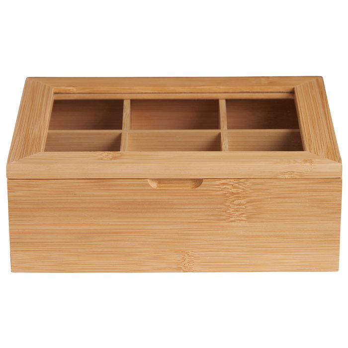 Day Caja para Bolsitas de Té con 6 Compartimentos Separadores de Bambú y Tapa de Vidrio - 21x16x7.5 cm