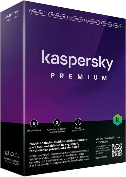 Kaspersky Premium: Antivirus Seguridad Completa para 5 Dispositivos - Licencia 1 Año, Español, Versión en Caja (PC, Mac, Android, iOS)