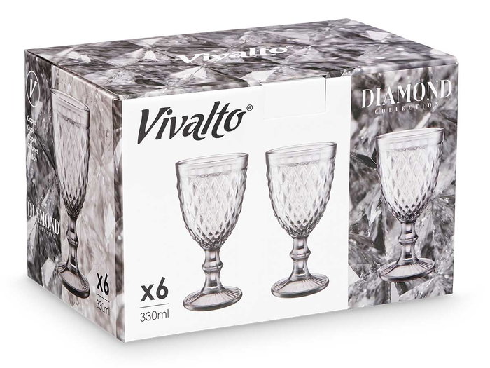 Vivalto Copa Diamante Gris, Copa de Vidrio para Cócteles y Bebidas, 310 ml, Color Gris, Dimensiones 8.8x16.7x8.8 cm, Base 7.5 cm de Diámetro (Set de 24)