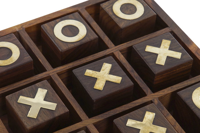 DKD Home Decor Juego Tic Tac Toe Colonial Marron Oscuro Dorado 18 x 18 x 3.5 cm Set de 2 Piezas Sheesham y Laton Hecho a Mano