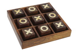 DKD Home Decor Juego Tic Tac Toe Colonial Marron Oscuro Dorado 18 x 18 x 3.5 cm Set de 2 Piezas Sheesham y Laton Hecho a Mano
