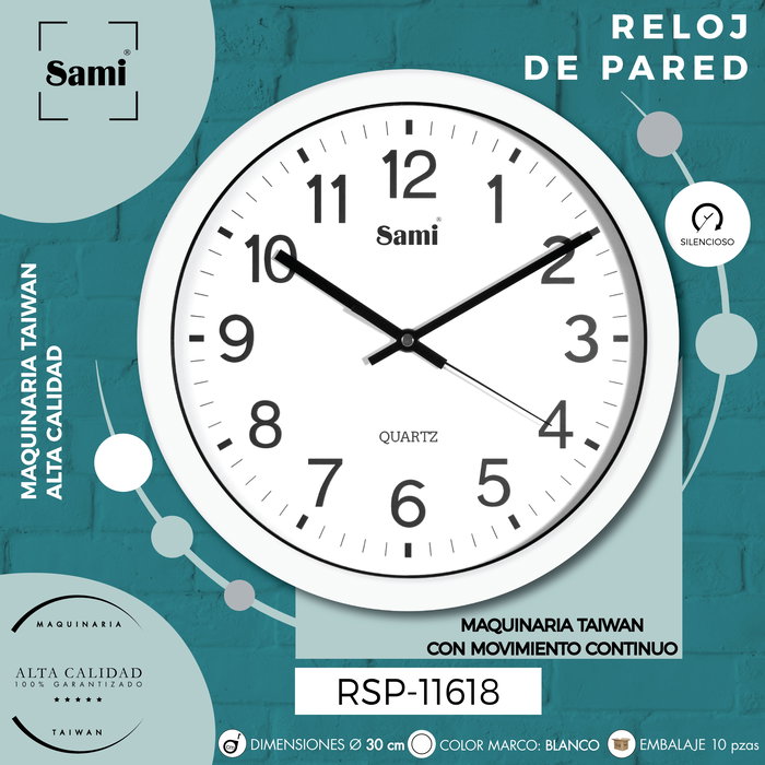 SAMI Reloj de Pared Red 30 cm Blanco