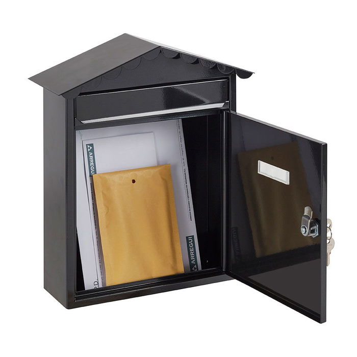 Arregui Buzón Exterior Individual Visit M (A4), Acero Negro, Apertura Lateral, Tejadillo, 30x11x36 cm - Incluye Tarjetero y 2 Llaves