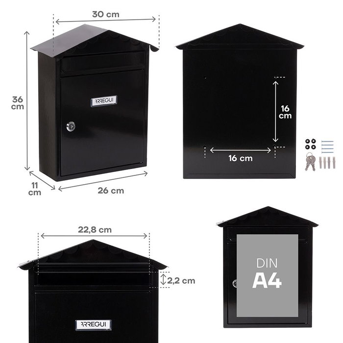 Arregui Buzón Exterior Visit Mediano (A4), Acero Lacado Negro con Tejadillo, 30x11x36 cm, Incluye Tarjetero y 2 Llaves
