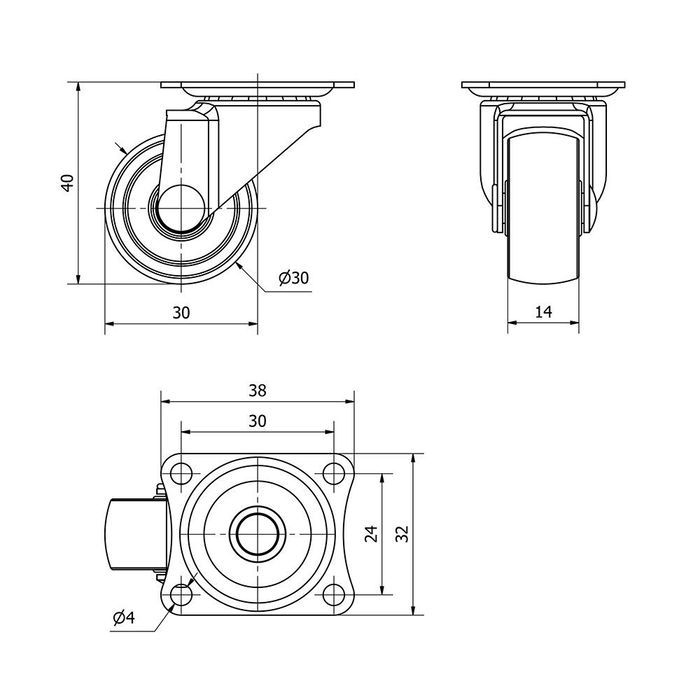 Ruedas Alex Rueda giratoria con placa y eje liso Negro Carga máxima 18 kg Ø 3 cm