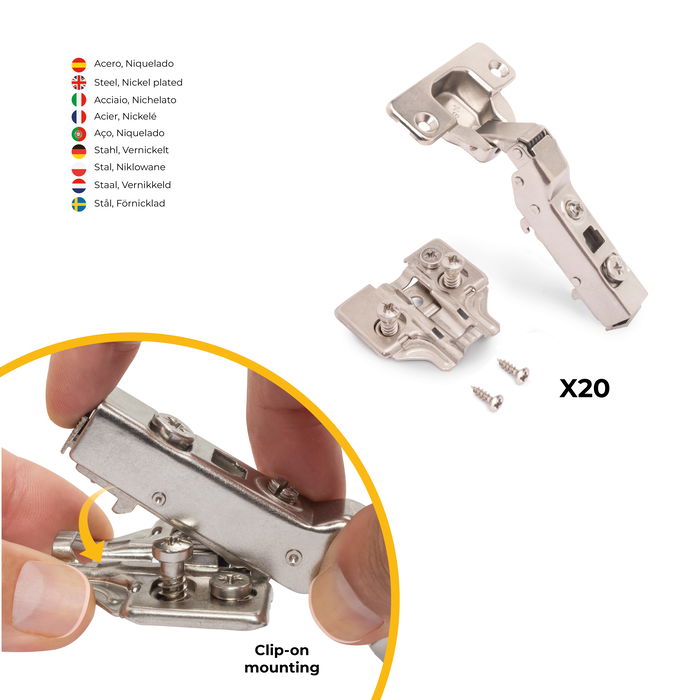 Emuca Lote de 20 bisagras codo X91 con cierre suave y suplementos Euro, Altura 0, Acero, Niquelado Emuca Lote de 20 bisagras codo X91 con cierre suave y suplementos Euro, Altura 0, Acero, Niquelado