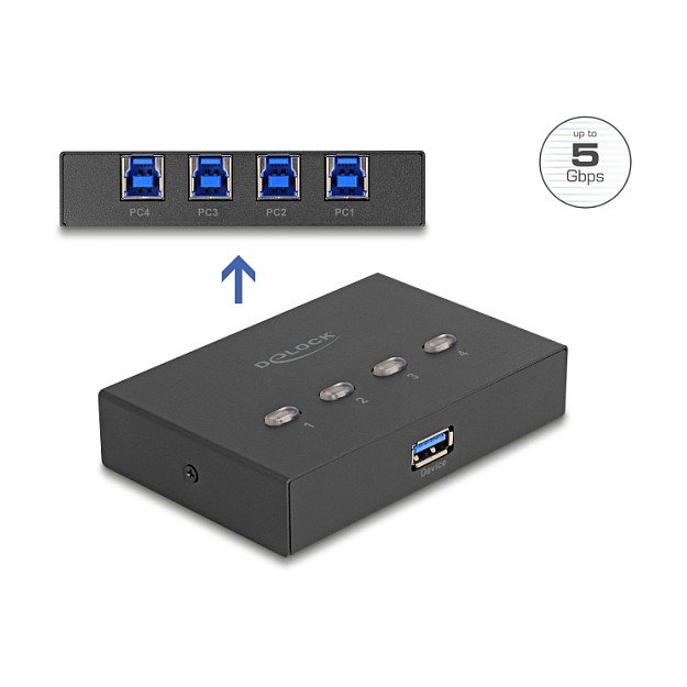 DeLOCK 11509 Switch USB 3.2 Gen 1 (5 Gbps) 4 Puertos, Interruptor Manual para 4 Ordenadores en 1 Dispositivo, Negro, Compacto 66 x 100 x 21 mm, Certificados FCC/CE