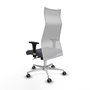 Sillón Albacete con mecanismo Sincro tapizada con Tela color Gris oscuro y malla color Blanco. Equipado con Base aluminio, Brazos 1D y Ruedas 65 mm parqué
