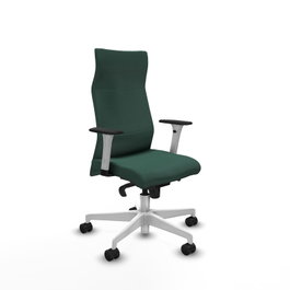 Sillón Albacete con mecanismo Sincro tapizada con Tela color Verde botella. Equipado con Base poliamida blanca, Brazos 1D y Ruedas 65mm nailon