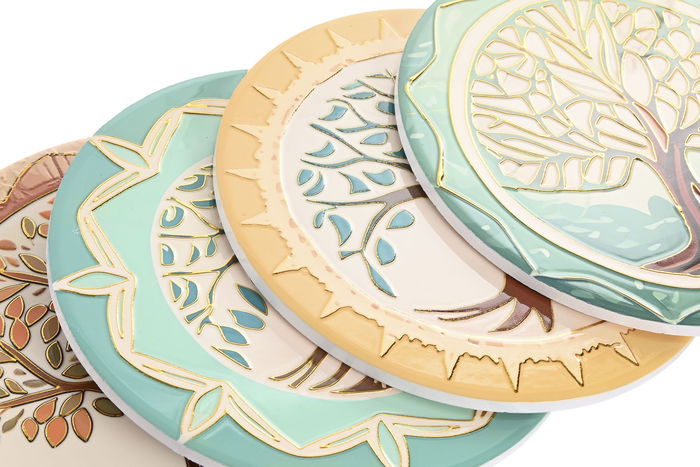 DKD Home Decor Salvamantel Tradicional 12 Unidades Árbol de la Vida Verde Beige Dolomita Corcho 20x0.7x20 cm