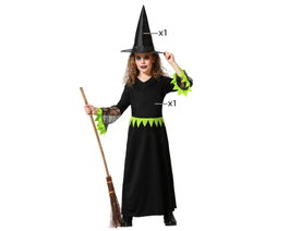 Disfraz de Bruja Infantil Halloween 2024 Niña 10-12 Años Vestido Largo Negro y Verde con Sombrero Puntiagudo Tema Mágico y Hechicera para Teatro o Fiesta