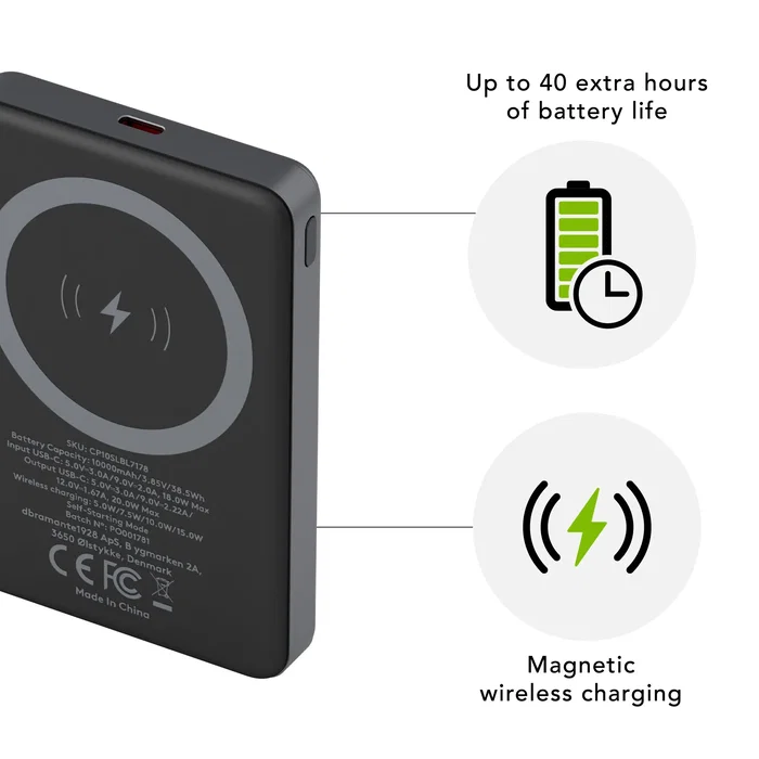 Batería Externa Power Bank 10000 mAh, Cargador Inalámbrico 15W con Pantalla, Gris, 3 Puertos (USB-C/Magnético), CP10SLBL7178