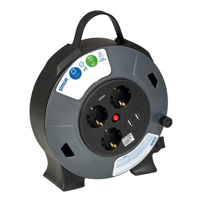 Simon Enrollacables Extensible con 3 Tomas Schuko y 2 USB-A, 5 m Simon Enrollacables Extensible con 3 Tomas Schuko y 2 USB-A, 5 m