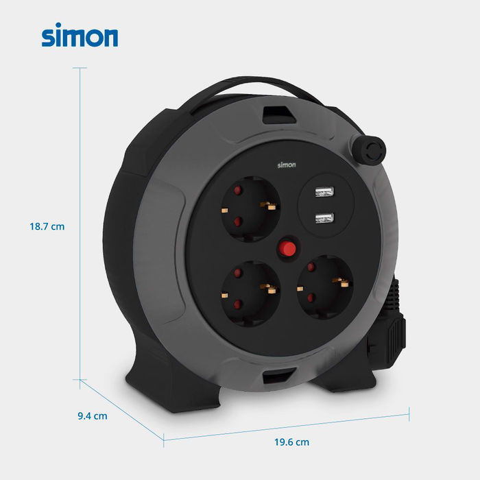 Simon Enrollacables con 3 Tomas Schuko y 2 Puertos USB-A, 16A, 230V, Cable 5m H05VV-F 3G1,5 mm², Negro/Gris