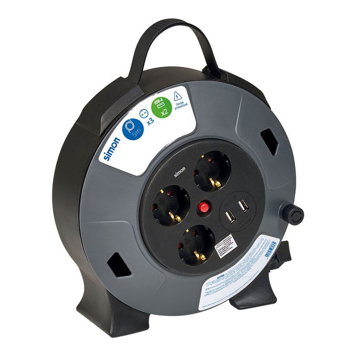 Simon Enrollacables con 3 Tomas Schuko y 2 Puertos USB-A, 16A, 230V, Cable 5m H05VV-F 3G1,5 mm², Negro/Gris
