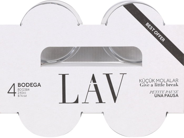 LAV Set de 4 Vasos Chiquito - 240 cc - Colección Best Offer - Cristal - 8 cm de diámetro x 5.8 cm de altura (12 Cajas)