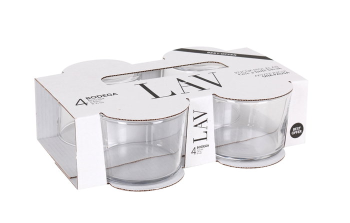 LAV Set de 4 Vasos Chiquito - 240 cc - Colección Best Offer - Cristal - 8 cm de diámetro x 5.8 cm de altura (12 Cajas)