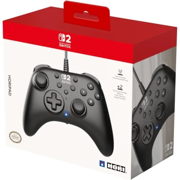 Hori Horipad Mando con Cable para Nintendo Switch y Switch 2, Botón C y Botones Traseros Programables, Negro