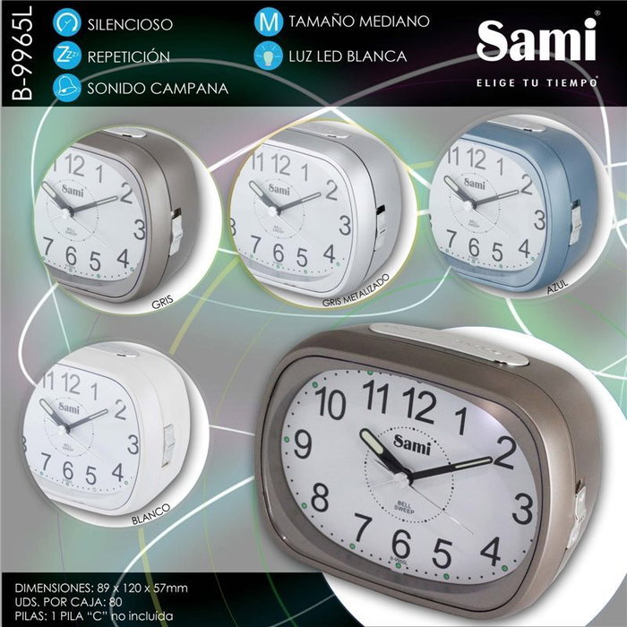 SAMI Despertador, Forma Oval Mediano con Pantalla LED, Campana Silenciosa, Color Azul