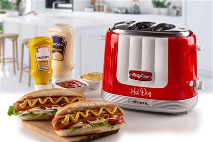 Ariete 206/00 Máquina para Hot Dog Party Time Roja, Parrilla para Salchichas y Calentador de Pan