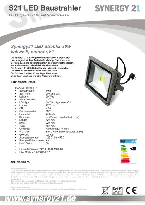 Synergy21 Synergy 21 S21-LED-TOM00260 Reflector LED de exterior 30W Gris Blanco frío