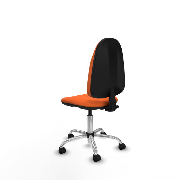 Silla de oficina Algarra con mecanismo Contacto permanente básico tapizada con Tela color Naranja. Equipada con Base cromada, Sin brazos y Ruedas de nailon 50 mm