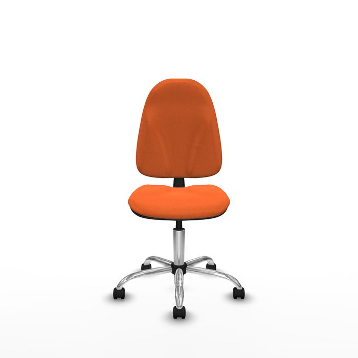 Silla de oficina Algarra con mecanismo Contacto permanente básico tapizada con Tela color Naranja. Equipada con Base cromada, Sin brazos y Ruedas de nailon 50 mm