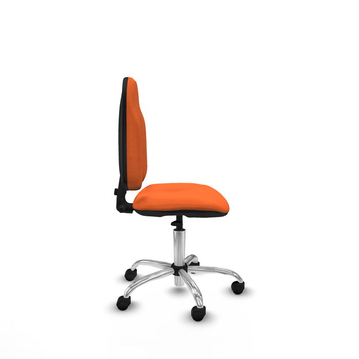 Silla de oficina Algarra con mecanismo Contacto permanente básico tapizada con Tela color Naranja. Equipada con Base cromada, Sin brazos y Ruedas de nailon 50 mm