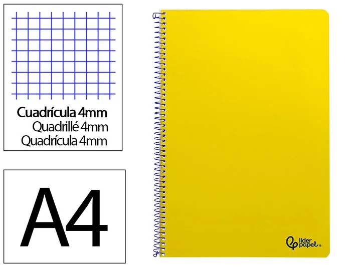 Liderpapel Cuaderno espiral A4 Smart, tapa blanda, 80 hojas, 75gr, cuadro 4mm con margen, color amarillo