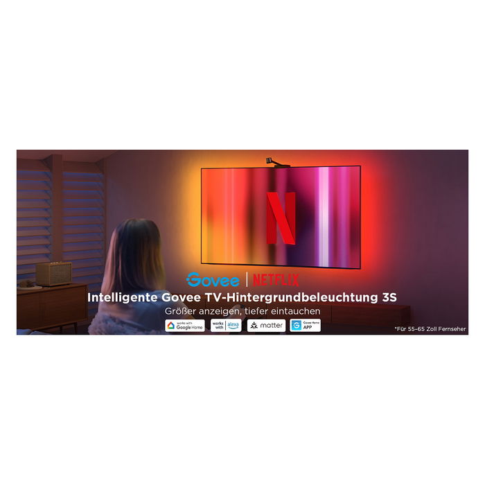 Govee H6098 Tira de Luz Inteligente Netflix Envisual, Compatible con TV de 55"-65", Wi-Fi/Bluetooth, Negro, LED, Salón