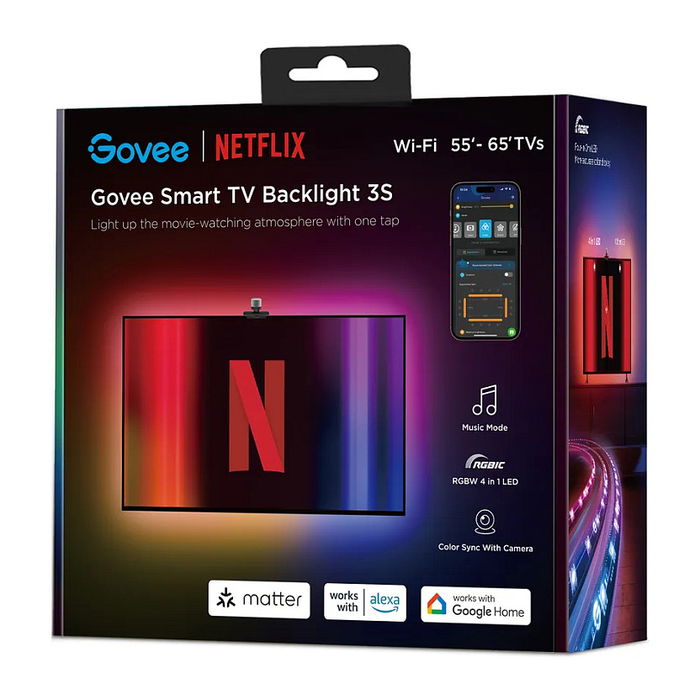 Govee H6098 Tira de Luz Inteligente Netflix Envisual, Compatible con TV de 55"-65", Wi-Fi/Bluetooth, Negro, LED, Salón