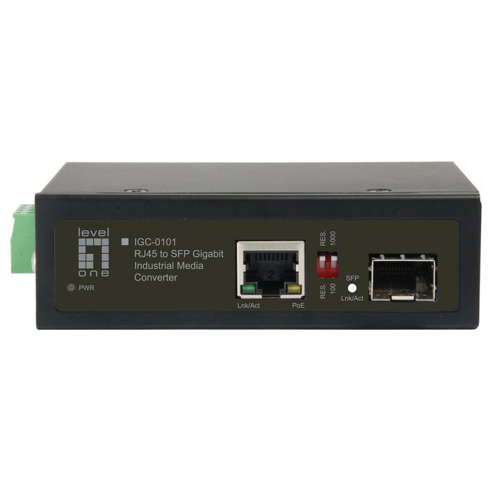 LevelOne IGC-0101 Convertidor Gigabit Ethernet Mediacorner 10/100/1000Base-T a 1000Base-SX SFP con PoE (30W), Montaje en Rail DIN