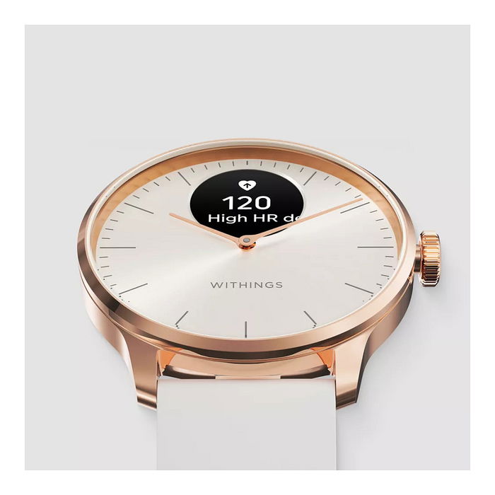 Withings ScanWatch Light - Reloj Inteligente Híbrido con Pantalla OLED, 37 mm, Caja Acero Oro Rosa y Correa Blanca, Monitor Cardíaco, Sueño, 30 días Batería