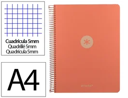 Antartik Cuaderno Espiral Micro A4 Tapa Foam 120Hojas 90gr Cuadrícula 5mm, 5 Bandas Sección, 4 Taladros, Color Coral
