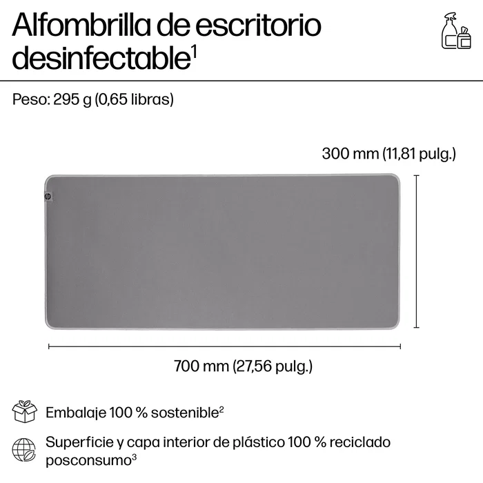 HP 205 Alfombrilla de Escritorio Sanitizable Desk Mat Gris - Antideslizante, Resistente a Salpicaduras, Sostenible, con Garantía de 2 Años, 700x300 mm