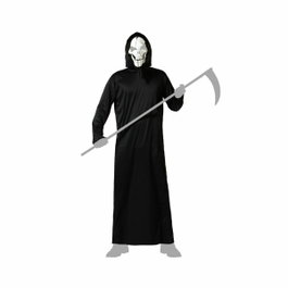 Disfraz de hombre adulto tenebroso con túnica negra y capucha integrada