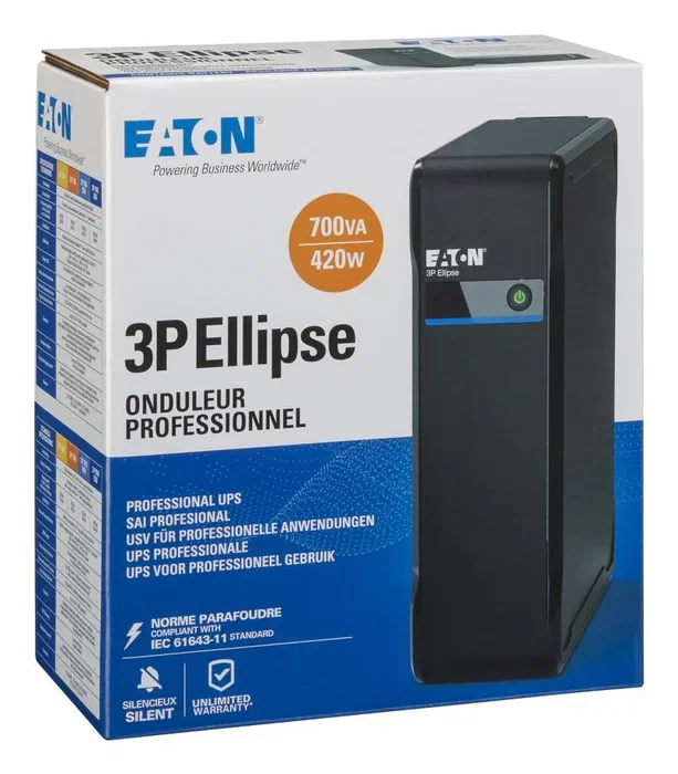 Eaton 3P700I Sistema de Alimentación Ininterrumpida (UPS) En Espera (Offline), 0.7 kVA / 420W, Forma de Onda Progresivo, 4 Salidas AC, Color Negro, Torre