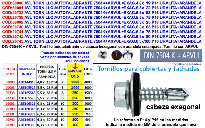 DUVER Tornillo Autotaladrante Cabeza Hexagonal DIN 7504-K con Arandela P-16 ø 6.3mm x 65mm