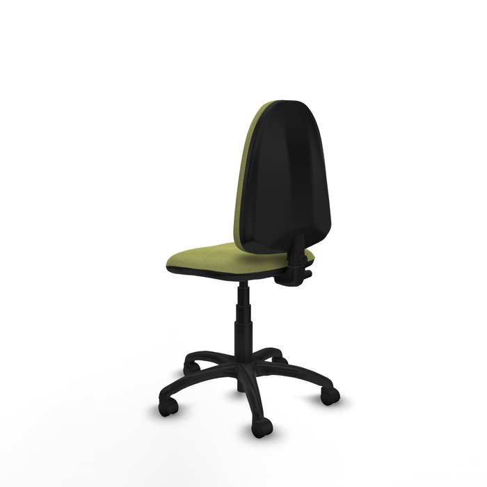 Silla de oficina Aýna con mecanismo Contacto permanente básico tapizada con Tela color Verde oliva. Equipada con Base poliamida negra, Sin brazos y Ruedas de nailon 50 mm