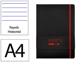 Antartik Cuaderno A4 Negro y Rojo Tapa Dura con Gomilla, 100 Hojas Rayadas 80gr FSC