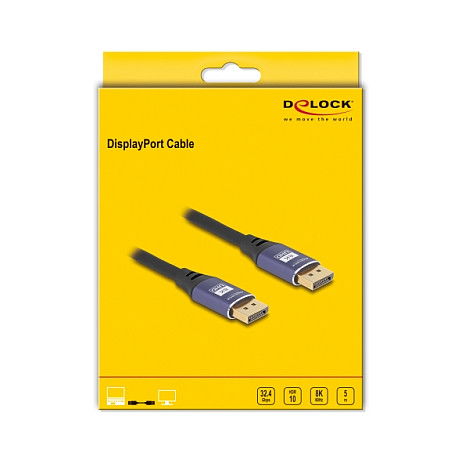 DeLOCK Cable DisplayPort 8K 1.4 7680x4320 60Hz 5m, Conector Macho-Derecho Dorado, 32.4 Gbit/s, HDCP 2.3, DSC, Color Negro/Lila DeLOCK Cable DisplayPort 8K 1.4 7680x4320 60Hz 5m, Conector Macho-Derecho Dorado, 32.4 Gbit/s, HDCP 2.3, DSC, Color Negro/Lila