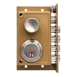 Micel CRS01 - Cerradura de Sobrepón para puerta izquierda, modelo no reversible de acero pintado oro con cilindro redondo, ruleta interior y 3 llaves serreta, para puerta de madera