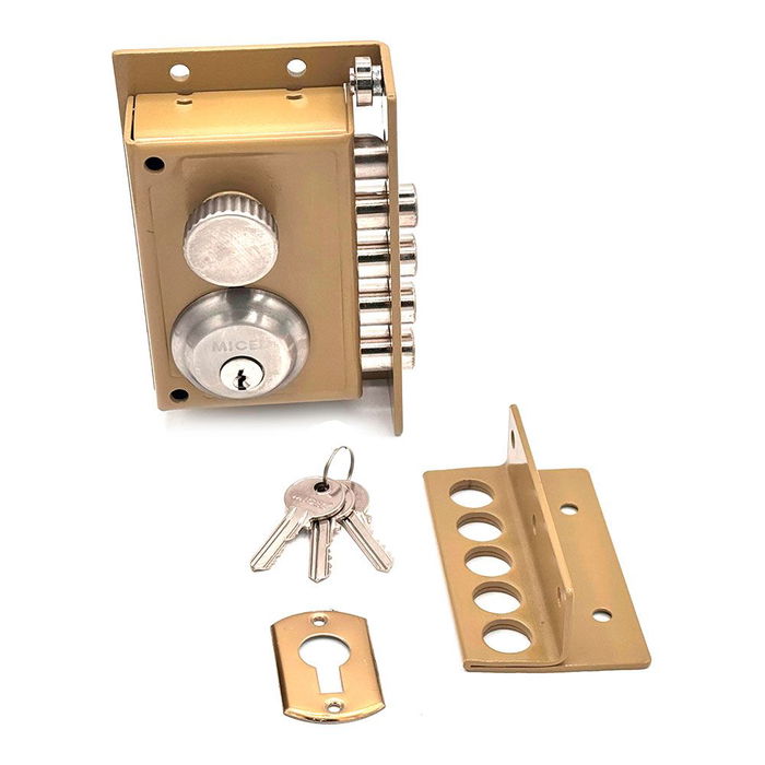 Micel CRS01 - Cerradura de Sobrepón para puerta izquierda, modelo no reversible de acero pintado oro con cilindro redondo, ruleta interior y 3 llaves serreta, para puerta de madera