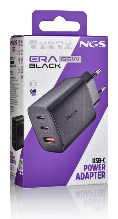 NGS Cargador de Pared GaN ERA 65W con 2 USB-C y 1 USB-A Negro