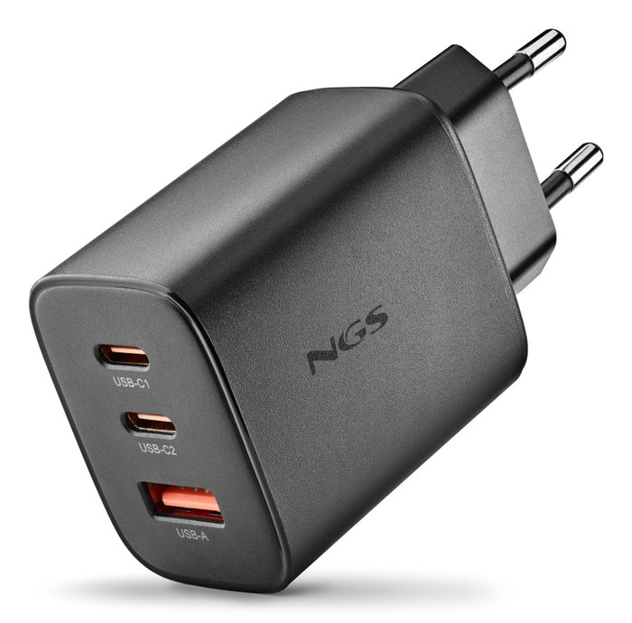 NGS Cargador de Pared GaN ERA 65W con 2 USB-C y 1 USB-A Negro