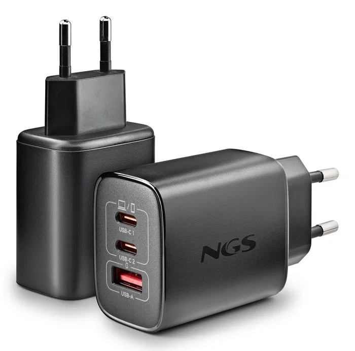NGS Cargador de Pared GaN ERA 65W con 2 USB-C y 1 USB-A Negro