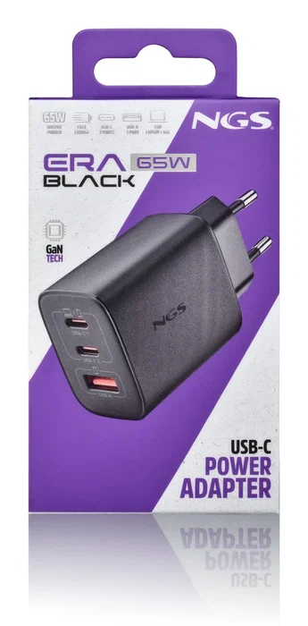 NGS Cargador de Pared GaN ERA 65W con 2 USB-C y 1 USB-A Negro